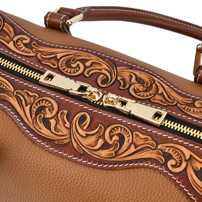 GRAND PELLE Elite Kollektion - Exklusive Handgravierte Leder-Handtasche mit Floralem Meisterwerk, 35 x 21 x 15 cm, Taubengrau