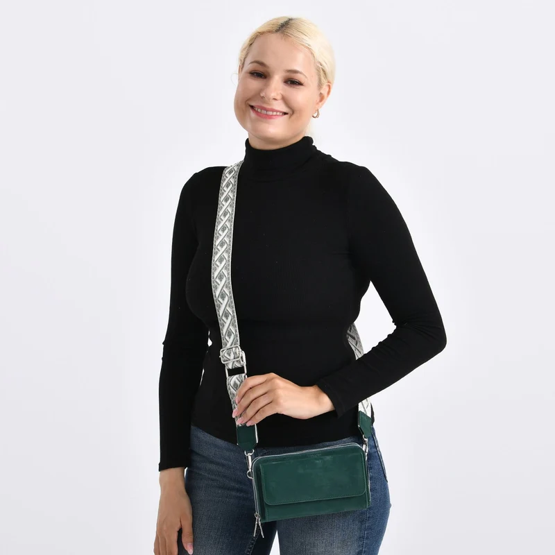 Crossbody-Tasche mit RFID-Schutz und Muster-Schulterriemen, 19x6x11 cm, Grün