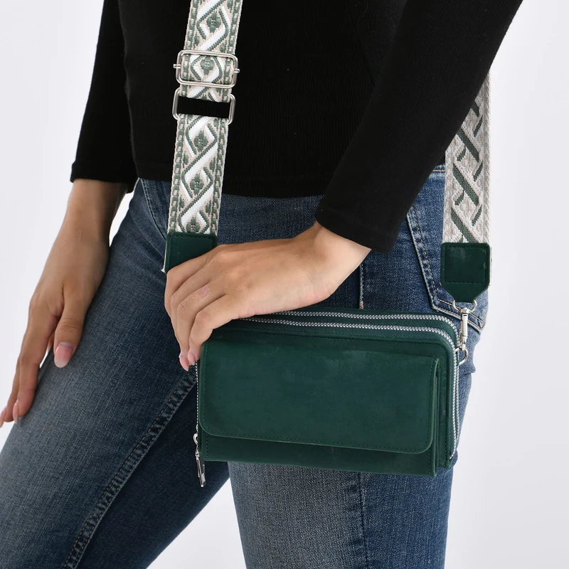 Crossbody-Tasche mit RFID-Schutz und Muster-Schulterriemen, 19x6x11 cm, Grün