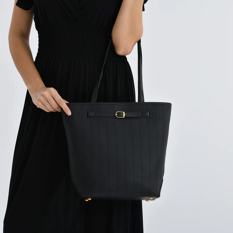 Shopper Tasche aus Echtleder mit Zierschnalle und Doppelgriffen, Metallfüße, 25x11x32 cm, Khaki