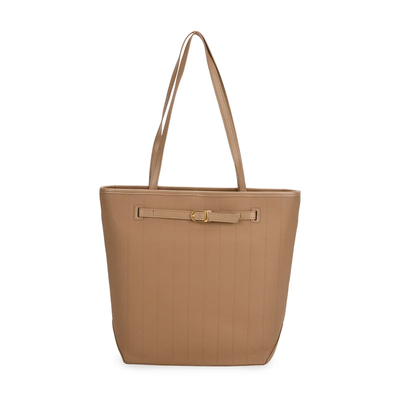 Shopper Tasche aus Echtleder mit Zierschnalle und Doppelgriffen, Metallfüße, 25x11x32 cm, Khaki