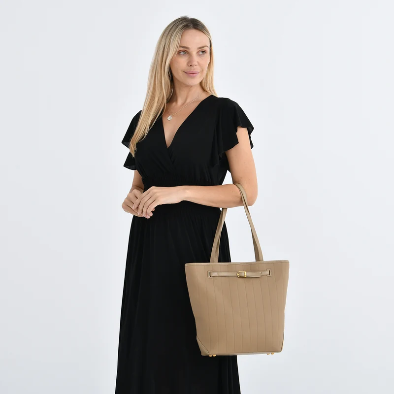 Shopper Tasche aus Echtleder mit Zierschnalle und Doppelgriffen, Metallfüße, 25x11x32 cm, Khaki