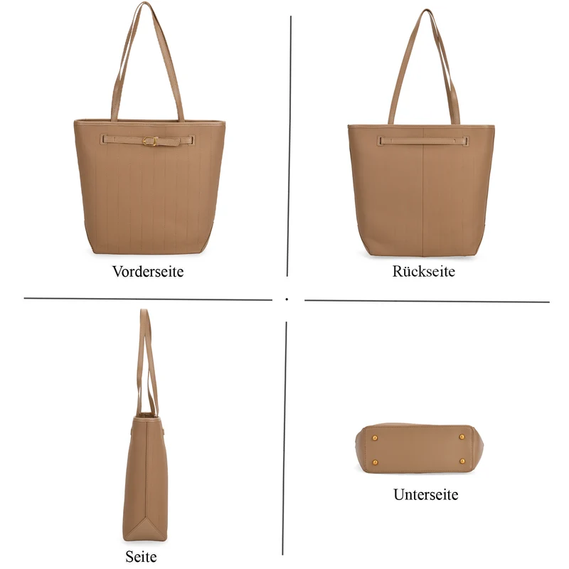 Shopper Tasche aus Echtleder mit Zierschnalle und Doppelgriffen, Metallfüße, 25x11x32 cm, Khaki