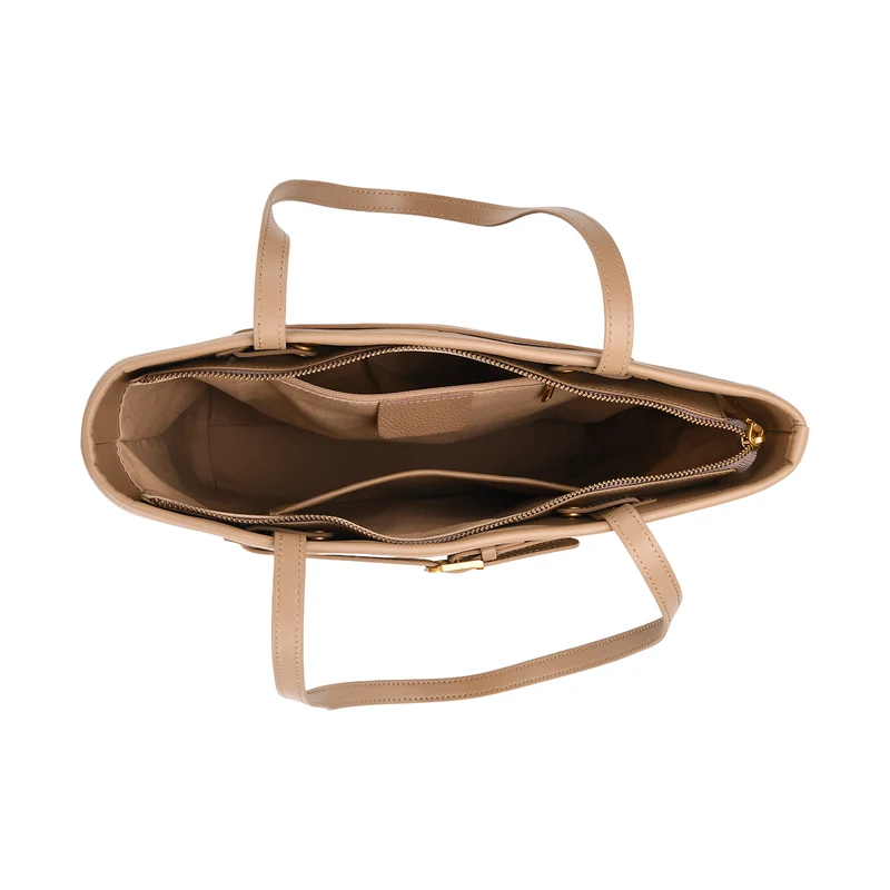 Shopper Tasche aus Echtleder mit Zierschnalle und Doppelgriffen, Metallfüße, 25x11x32 cm, Khaki