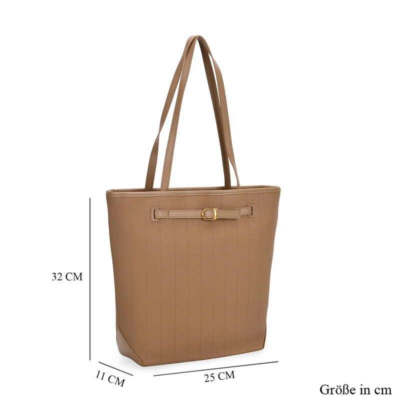 Shopper Tasche aus Echtleder mit Zierschnalle und Doppelgriffen, Metallfüße, 25x11x32 cm, Khaki