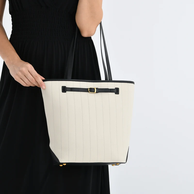 Shopper Tasche aus Echtleder mit Zierschnalle und Doppelgriffen, Metallfüße, 25x11x32 cm, Khaki