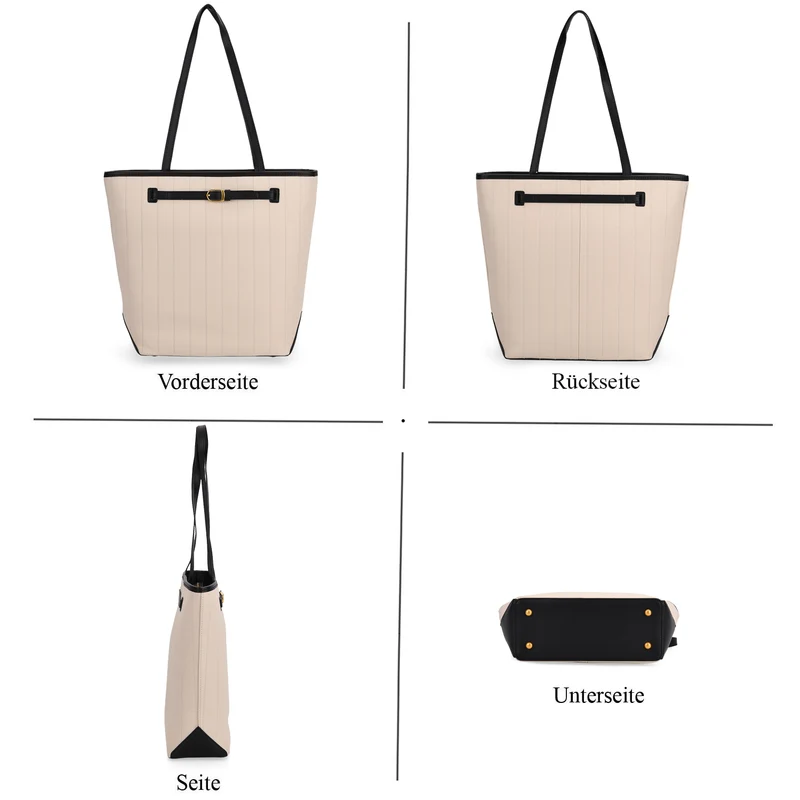 Shopper Tasche aus Echtleder mit Zierschnalle und Doppelgriffen, Metallfüße, 25x11x32 cm, Khaki
