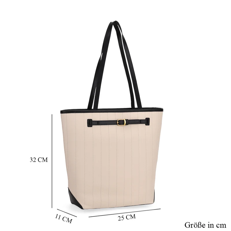 Shopper Tasche aus Echtleder mit Zierschnalle und Doppelgriffen, Metallfüße, 25x11x32 cm, Khaki