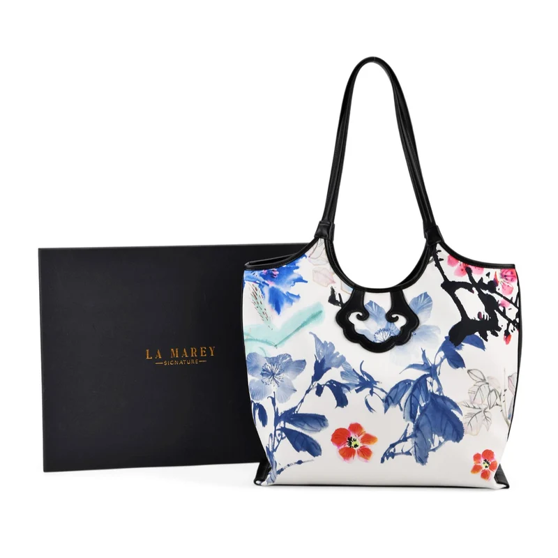 LA MAREY Signature Brokat Echtleder Schultertasche, 1 Außenfach und 2 Innenfächer, 34 x 35 x 11.5 cm, Hellblau