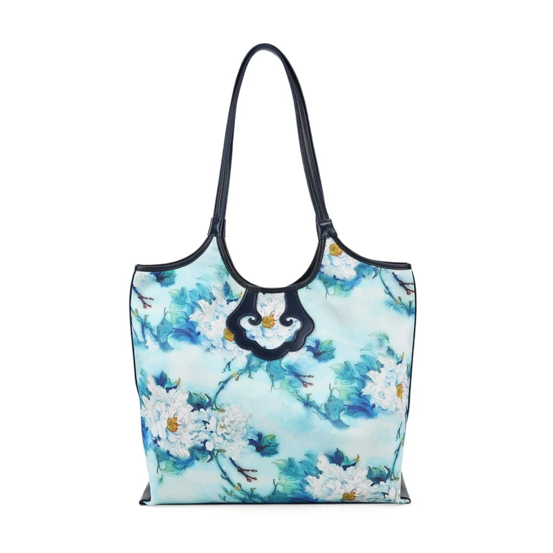 LA MAREY Signature Brokat Echtleder Schultertasche, 1 Außenfach und 2 Innenfächer, 34 x 35 x 11.5 cm, Hellblau
