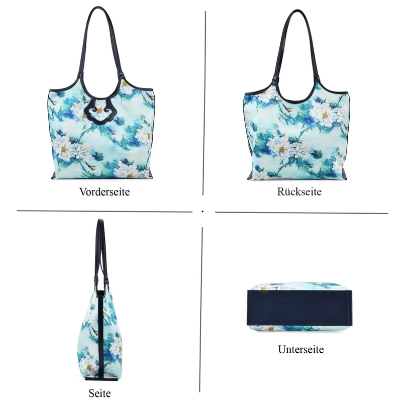 LA MAREY Signature Brokat Echtleder Schultertasche, 1 Außenfach und 2 Innenfächer, 34 x 35 x 11.5 cm, Hellblau