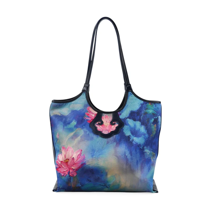 LA MAREY Signature Brokat Echtleder Schultertasche, 1 Außenfach und 2 Innenfächer, 34 x 35 x 11.5 cm, Hellblau