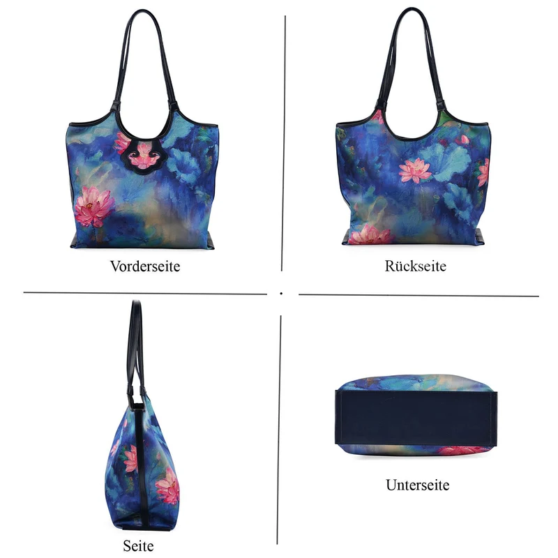 LA MAREY Signature Brokat Echtleder Schultertasche, 1 Außenfach und 2 Innenfächer, 34 x 35 x 11.5 cm, Hellblau
