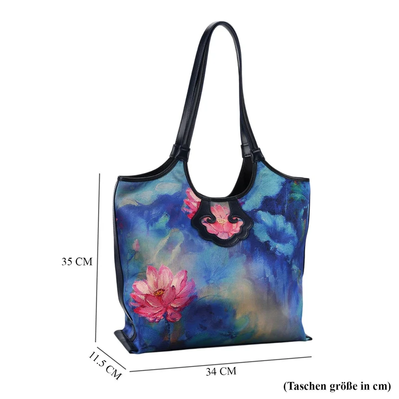 LA MAREY Signature Brokat Echtleder Schultertasche, 1 Außenfach und 2 Innenfächer, 34 x 35 x 11.5 cm, Hellblau