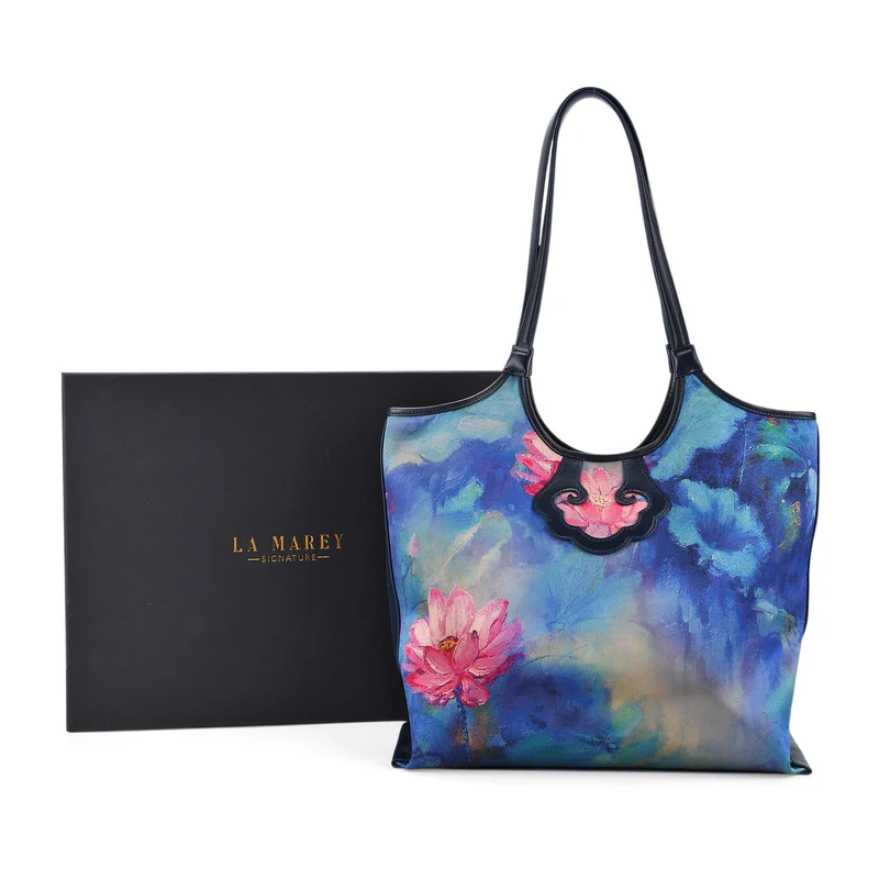 LA MAREY Signature Brokat Echtleder Schultertasche, 1 Außenfach und 2 Innenfächer, 34 x 35 x 11.5 cm, Hellblau