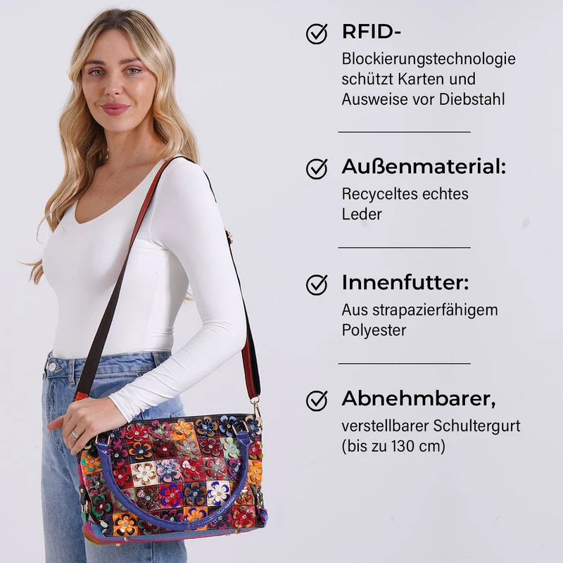 Chaos by Elsie - Echtleder-Umhängetasche mit Rautenmuster und RFID-Schutz inkl. Mini-Taschenlampe, 36x10,5x21 cm, Mehrfarbig Rauten
