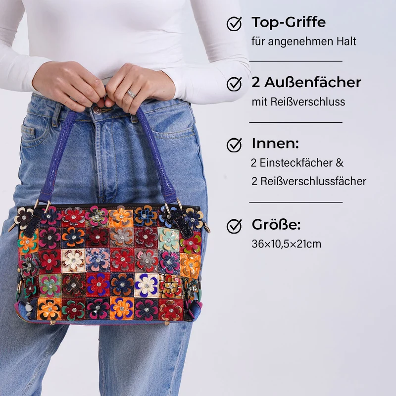 Chaos by Elsie - Echtleder-Umhängetasche mit Rautenmuster und RFID-Schutz inkl. Mini-Taschenlampe, 36x10,5x21 cm, Mehrfarbig Rauten