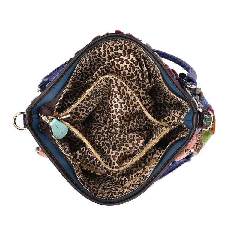 Chaos by Elsie - Echtleder-Umhängetasche mit Rautenmuster und RFID-Schutz inkl. Mini-Taschenlampe, 36x10,5x21 cm, Mehrfarbig Rauten