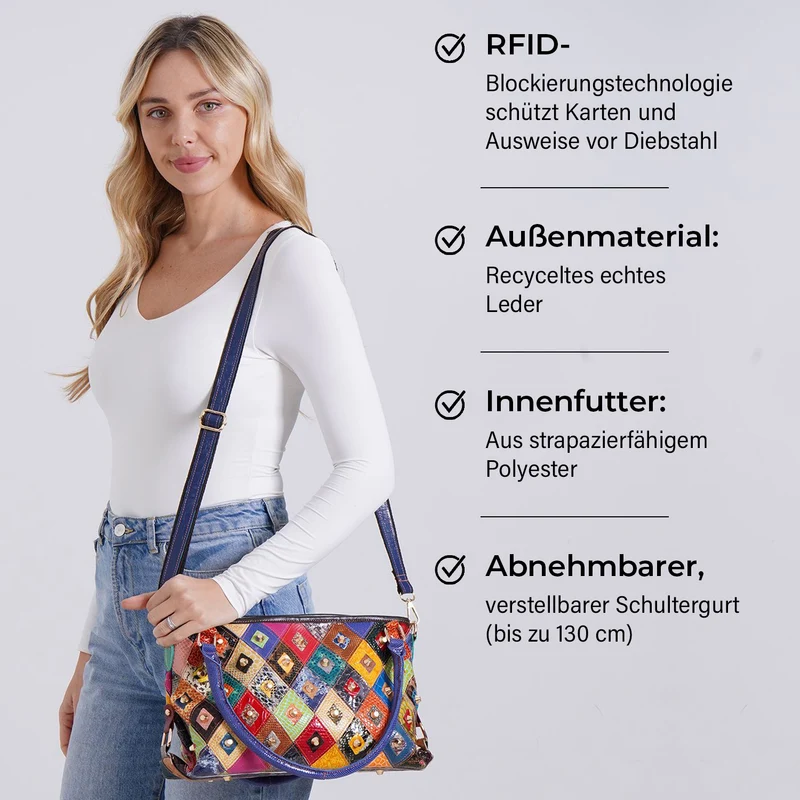 Chaos by Elsie - Echtleder-Umhängetasche mit Rautenmuster und RFID-Schutz inkl. Mini-Taschenlampe, 36x10,5x21 cm, Mehrfarbig Rauten