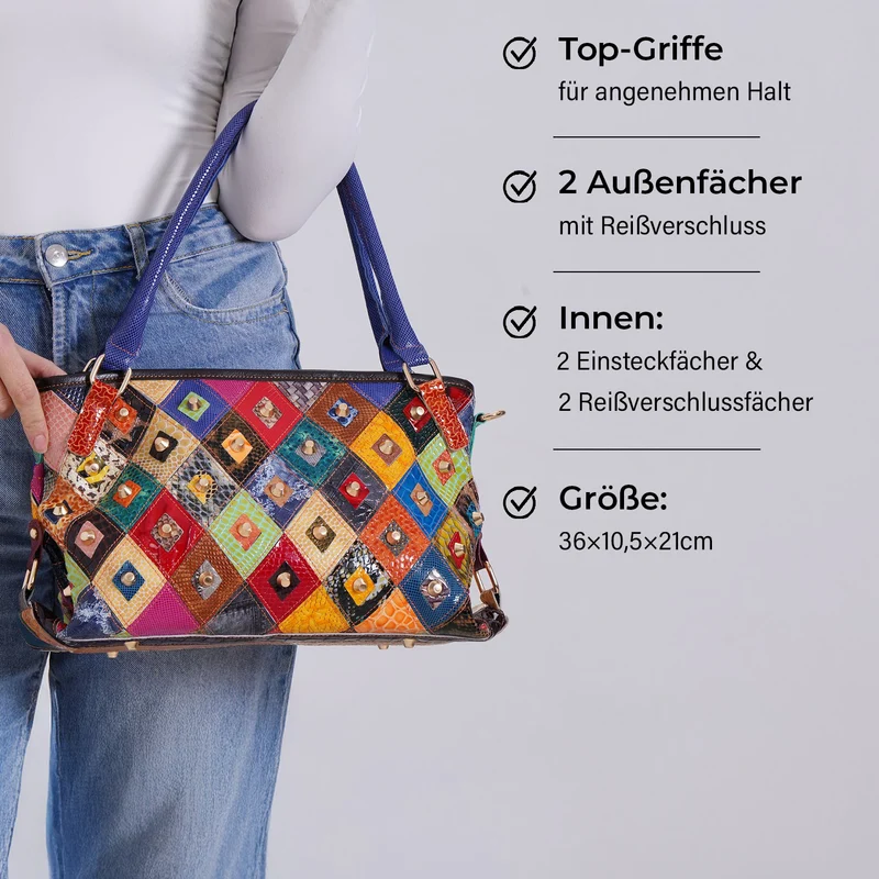 Chaos by Elsie - Echtleder-Umhängetasche mit Rautenmuster und RFID-Schutz inkl. Mini-Taschenlampe, 36x10,5x21 cm, Mehrfarbig Rauten
