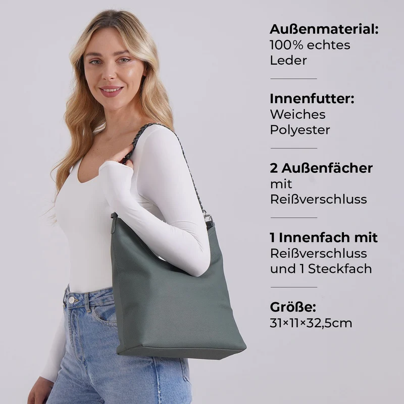 Hobo Umhängetasche aus Echtleder mit Ketten- und Lederriemen, ca. 31x11x32,5 cm, Türkisgrün