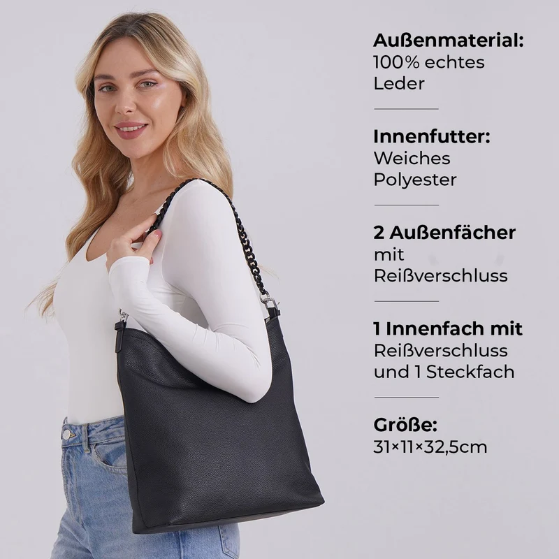 Hobo Umhängetasche aus Echtleder mit Ketten- und Lederriemen, ca. 31x11x32,5 cm, Türkisgrün
