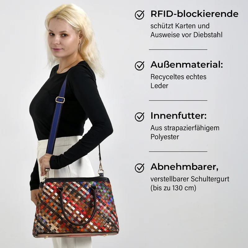 Chaos by Elsie Crossbody-Tasche aus echtem Leder, Multicolor mit glänzender Krokoprägung im Rautenmuster mit Blumen, RFID-Schutz und Mini-Taschenlampe, 37x14,5x25 cm