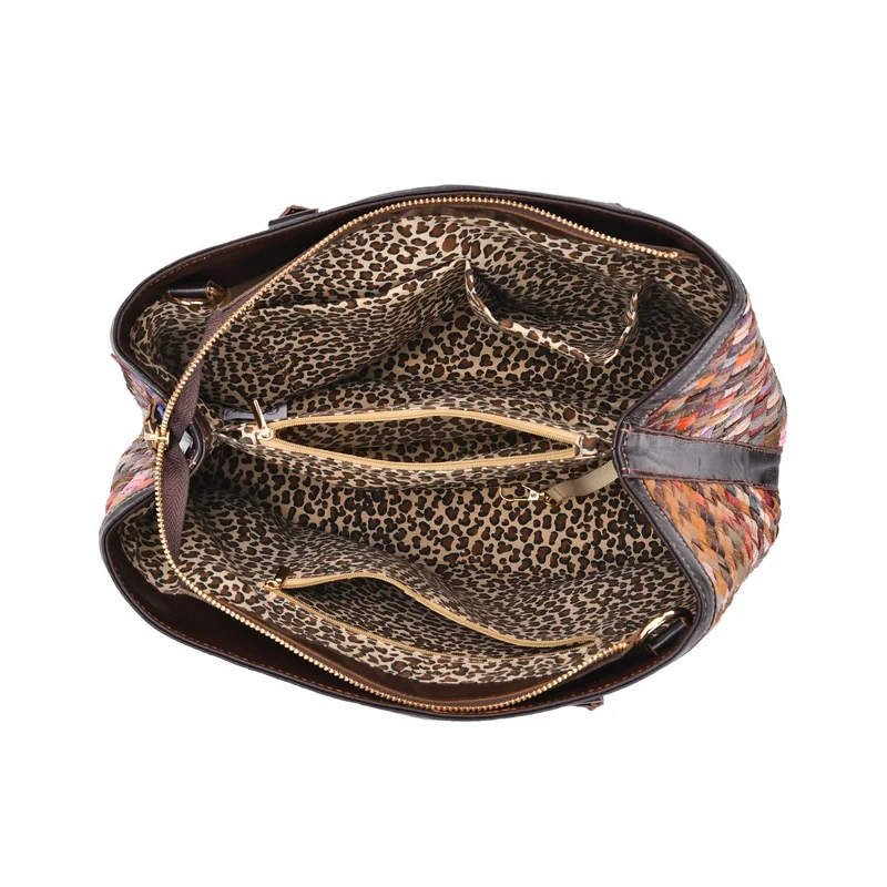 Chaos by Elsie Crossbody-Tasche aus echtem Leder, Multicolor mit glänzender Krokoprägung im Rautenmuster mit Blumen, RFID-Schutz und Mini-Taschenlampe, 37x14,5x25 cm