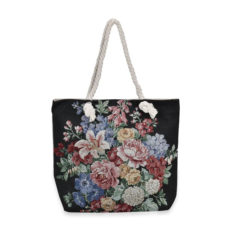 Gewebte Jutetasche mit buntem Blumenmuster, Maße: 42x34xx37cm, Beige