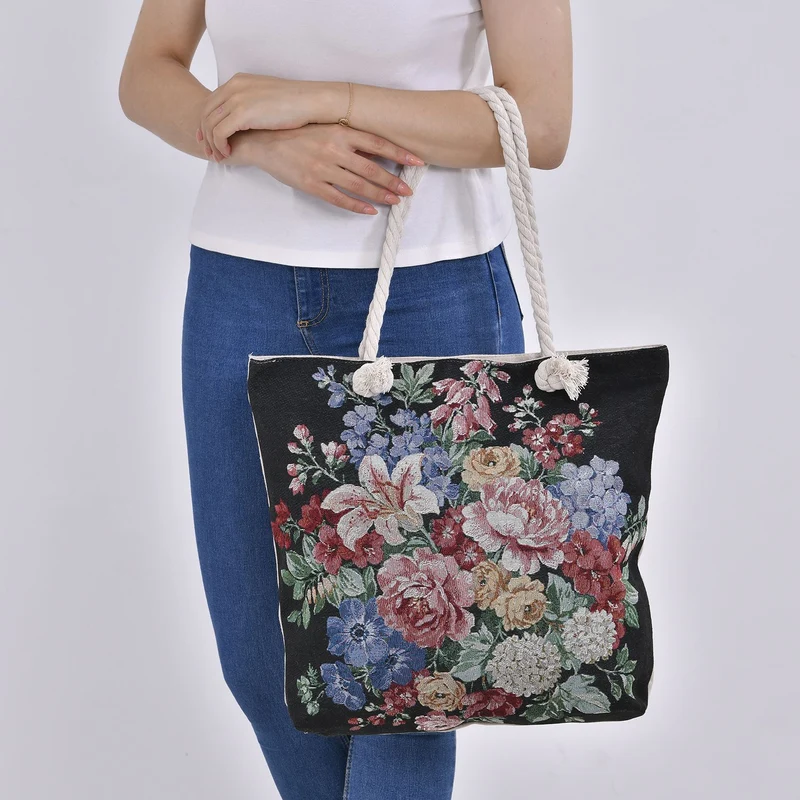 Gewebte Jutetasche mit buntem Blumenmuster, Maße: 42x34xx37cm, Beige