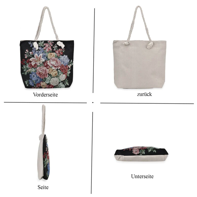 Gewebte Jutetasche mit buntem Blumenmuster, Maße: 42x34xx37cm, Beige