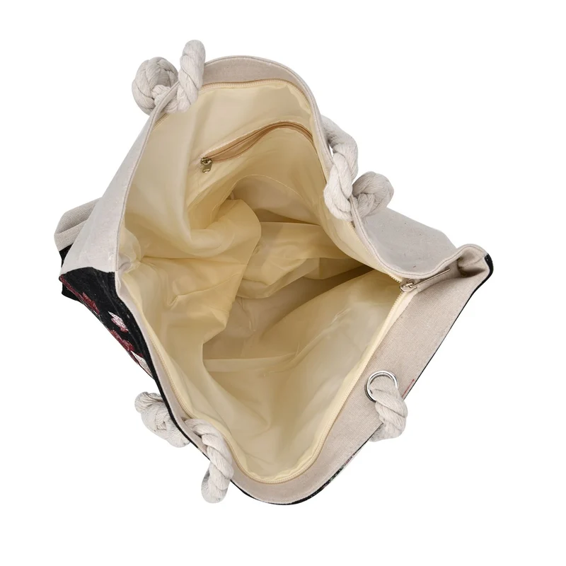 Gewebte Jutetasche mit buntem Blumenmuster, Maße: 42x34xx37cm, Beige
