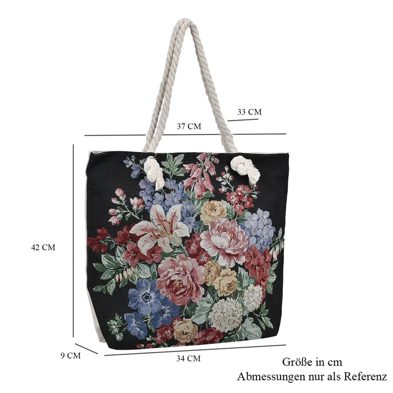 Gewebte Jutetasche mit buntem Blumenmuster, Maße: 42x34xx37cm, Beige