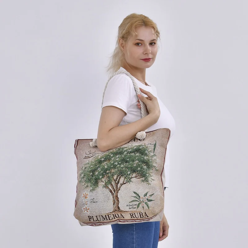 Gewebte Jutetasche mit buntem Blumenmuster, Maße: 42x34xx37cm, Beige