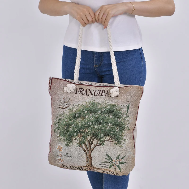 Gewebte Jutetasche mit buntem Blumenmuster, Maße: 42x34xx37cm, Beige