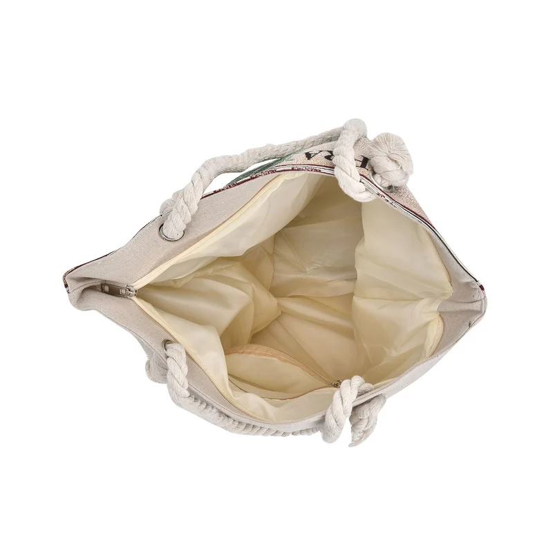 Gewebte Jutetasche mit buntem Blumenmuster, Maße: 42x34xx37cm, Beige