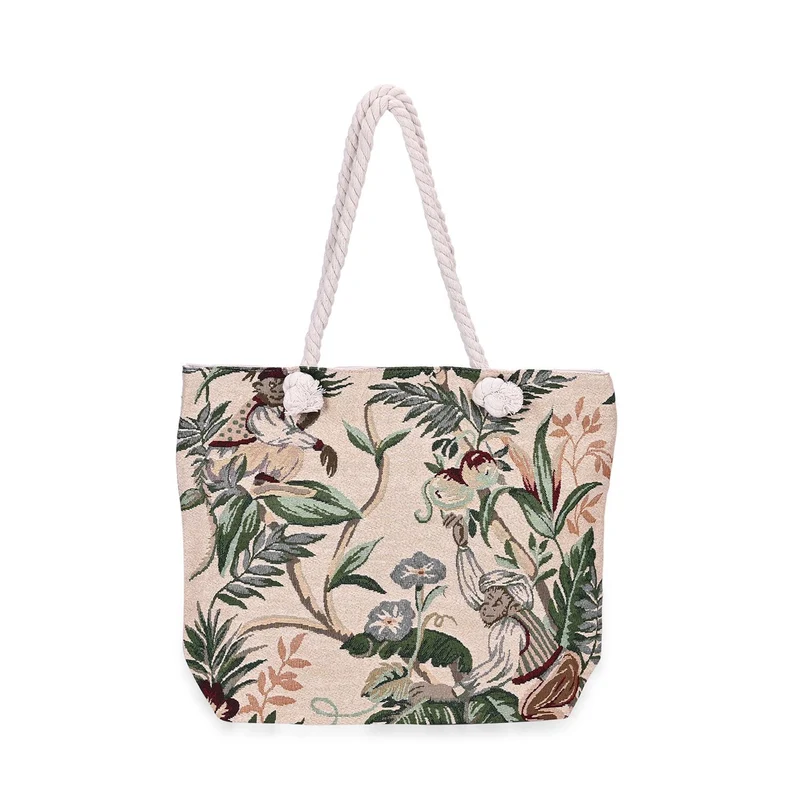 Gewebte Jutetasche mit buntem Blumenmuster, Maße: 42x34xx37cm, Beige