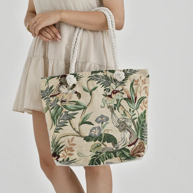 Gewebte Jutetasche mit buntem Blumenmuster, Maße: 42x34xx37cm, Beige