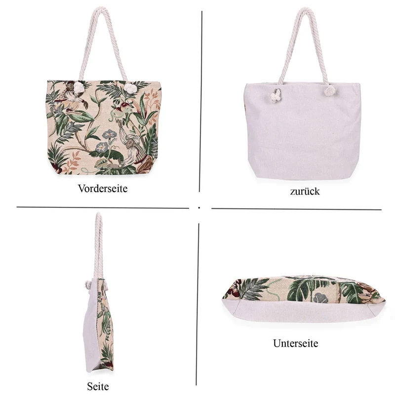 Gewebte Jutetasche mit buntem Blumenmuster, Maße: 42x34xx37cm, Beige