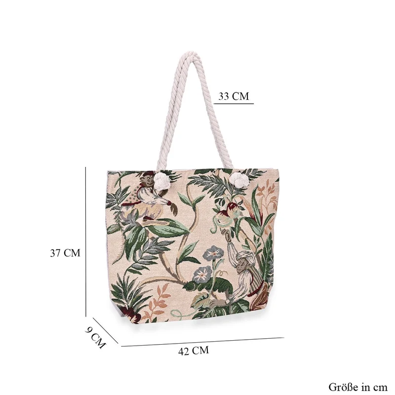 Gewebte Jutetasche mit buntem Blumenmuster, Maße: 42x34xx37cm, Beige