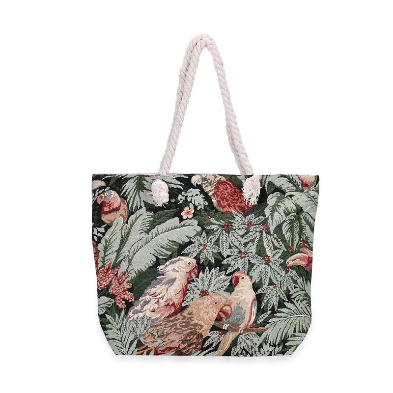 Gewebte Jutetasche mit buntem Blumenmuster, Maße: 42x34xx37cm, Beige