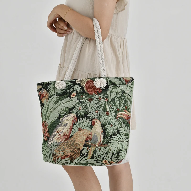 Gewebte Jutetasche mit buntem Blumenmuster, Maße: 42x34xx37cm, Beige