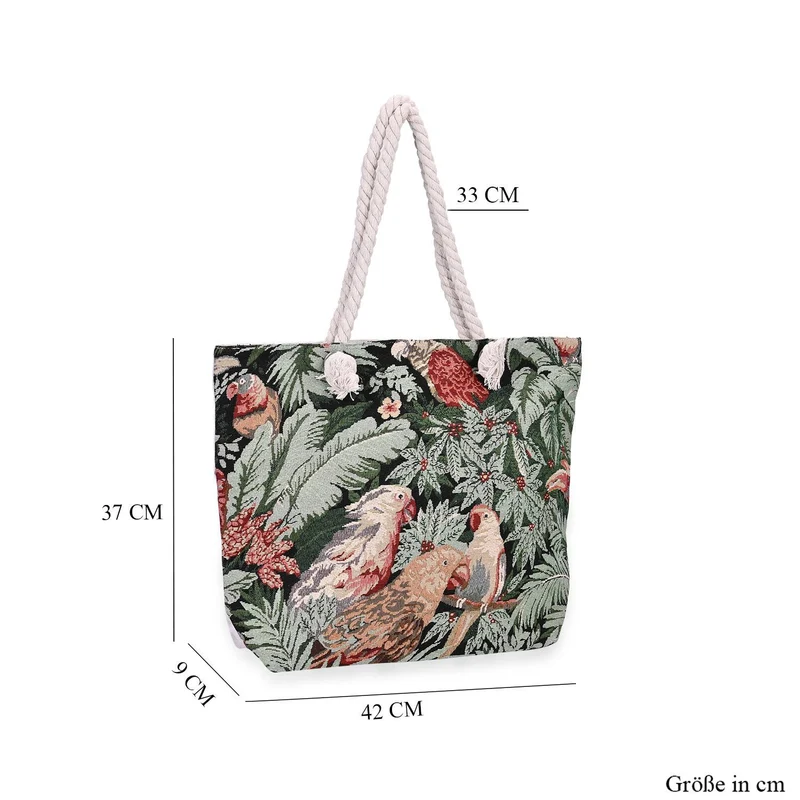 Gewebte Jutetasche mit buntem Blumenmuster, Maße: 42x34xx37cm, Beige