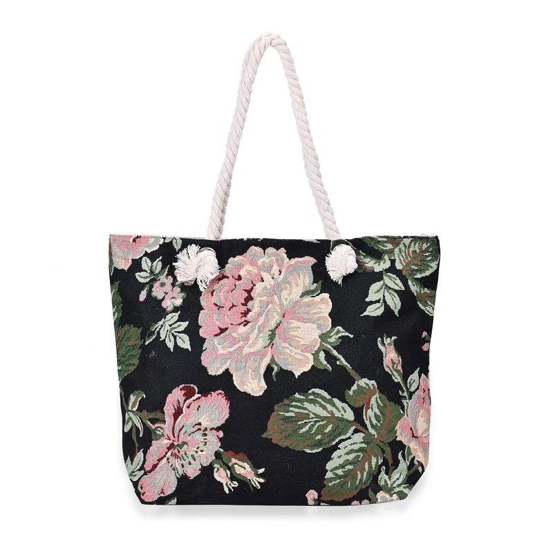 Gewebte Jutetasche mit buntem Blumenmuster, Maße: 42x34xx37cm, Beige