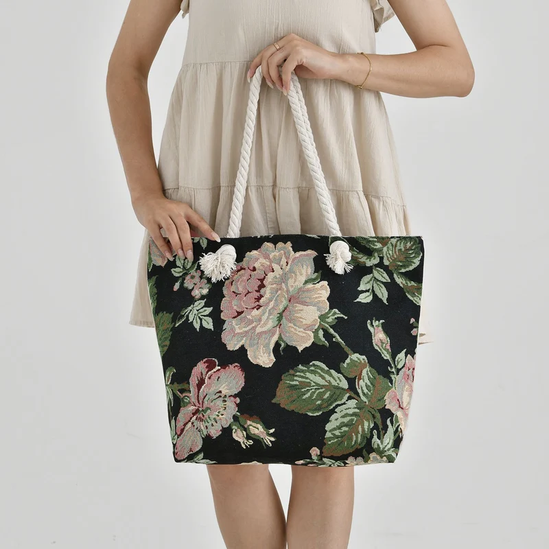 Gewebte Jutetasche mit buntem Blumenmuster, Maße: 42x34xx37cm, Beige