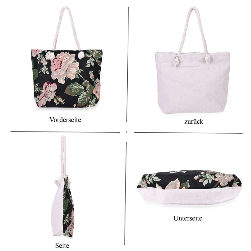 Gewebte Jutetasche mit buntem Blumenmuster, Maße: 42x34xx37cm, Beige