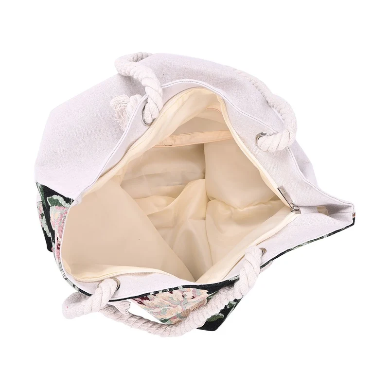 Gewebte Jutetasche mit buntem Blumenmuster, Maße: 42x34xx37cm, Beige