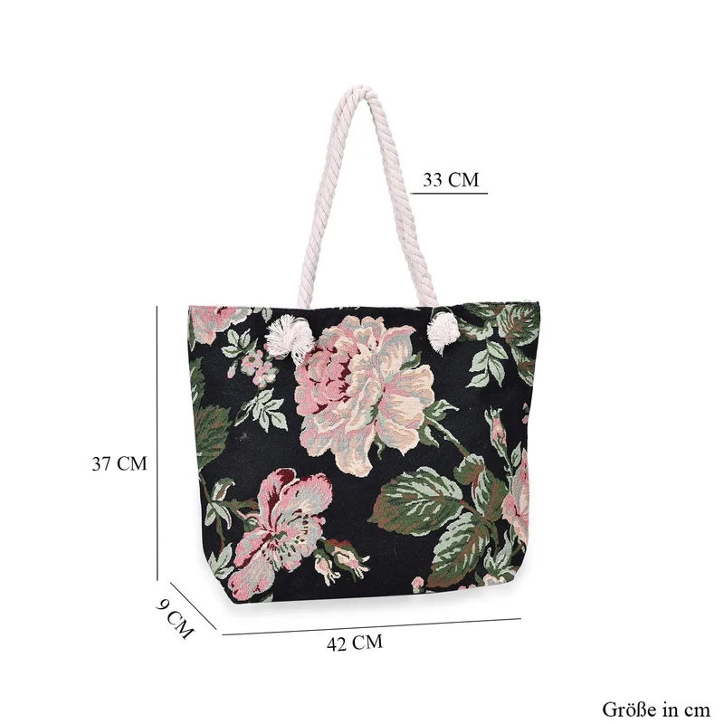 Gewebte Jutetasche mit buntem Blumenmuster, Maße: 42x34xx37cm, Beige