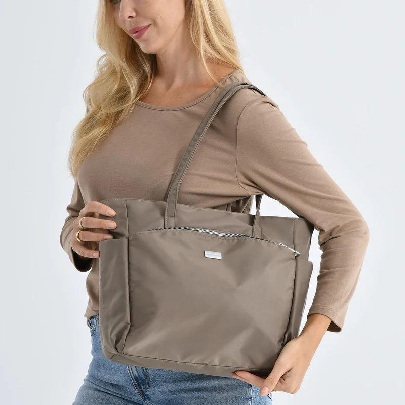 Elegante Signature Handtasche, edles Nylon Design mit 3 Reißverschluss Taschen und 2 offenen Außentaschen, ca. 30 x 30 x 10 cm, Dunkel Khaki