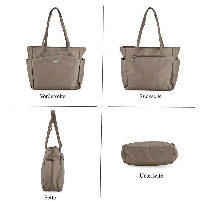 Elegante Signature Handtasche, edles Nylon Design mit 3 Reißverschluss Taschen und 2 offenen Außentaschen, ca. 30 x 30 x 10 cm, Dunkel Khaki